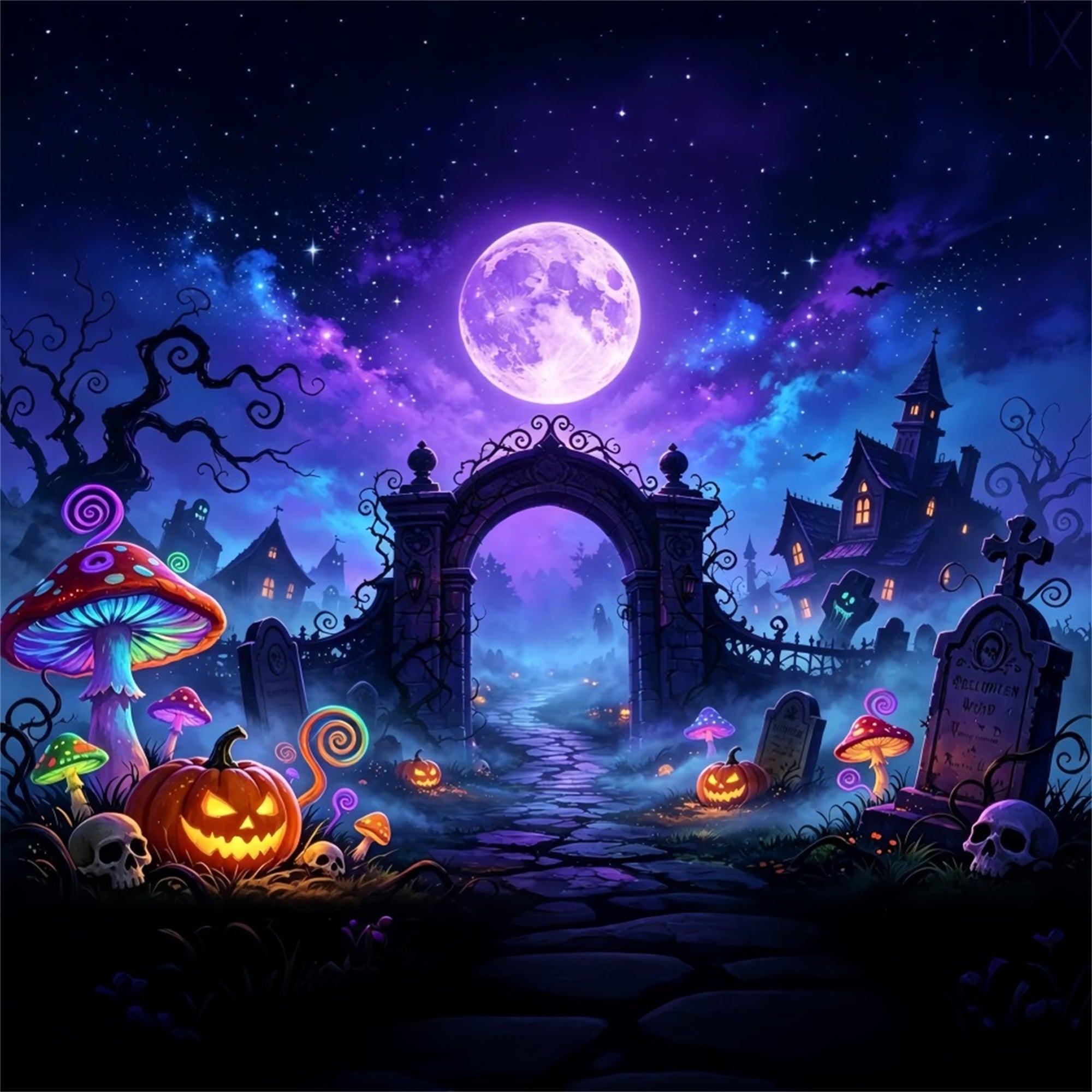 Bat Cave Backdrop Neon Moon Mushroom Graveyard Halloween Backdrop For Kids UK ZTT67-64