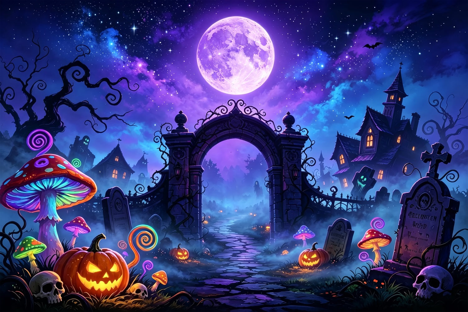Bat Cave Backdrop Neon Moon Mushroom Graveyard Halloween Backdrop For Kids UK ZTT67-64