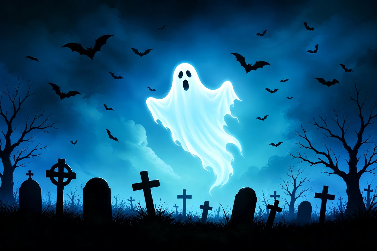 Ghost Stained Glass Backdrop Glowing Ghost Bat Graveyard Cool Halloween Backdrops UK ZTT67-66