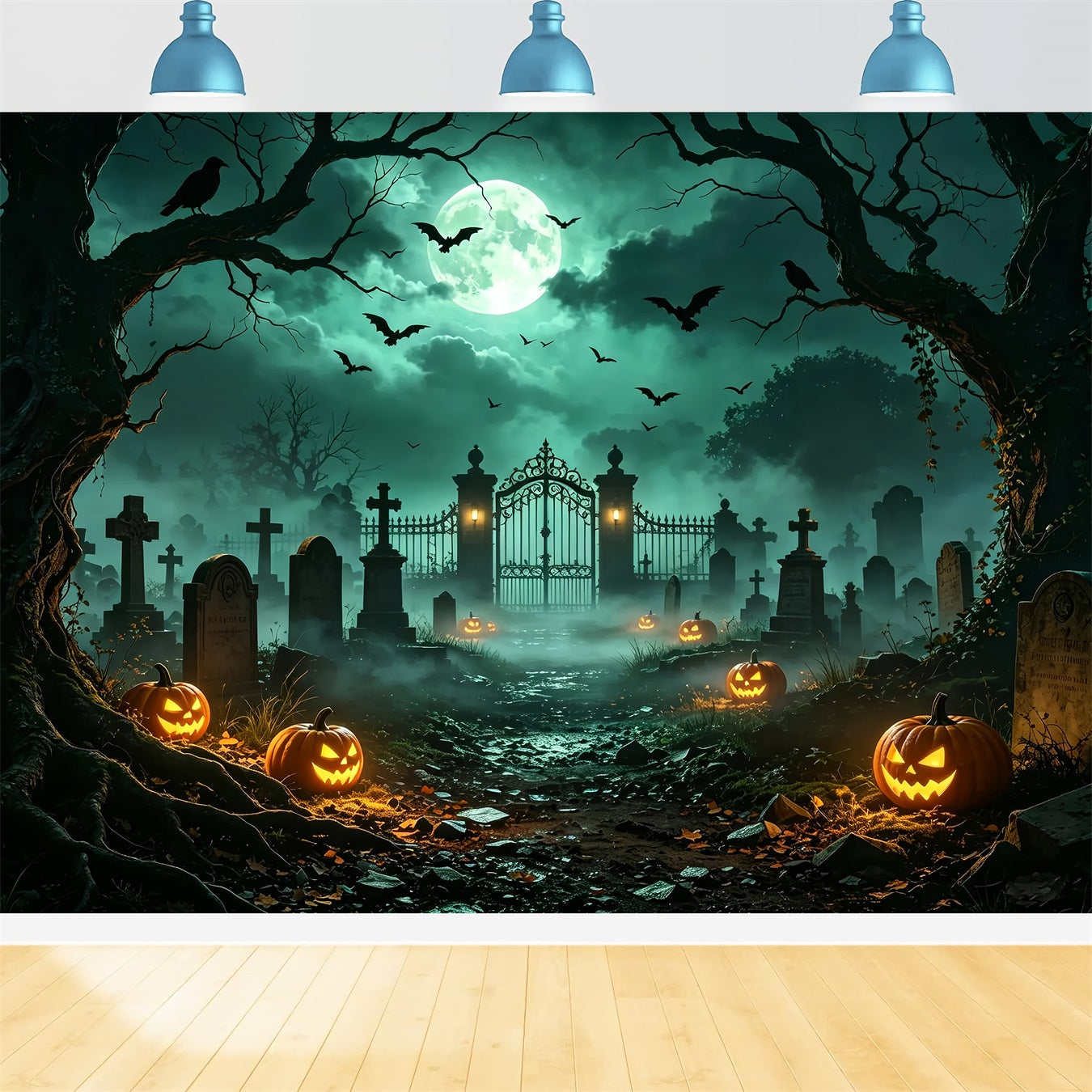Dog Halloween Backdrop Moonlit Pumpkin Cemetery Gate Easter Tomb Backdrop UK ZTT67-67