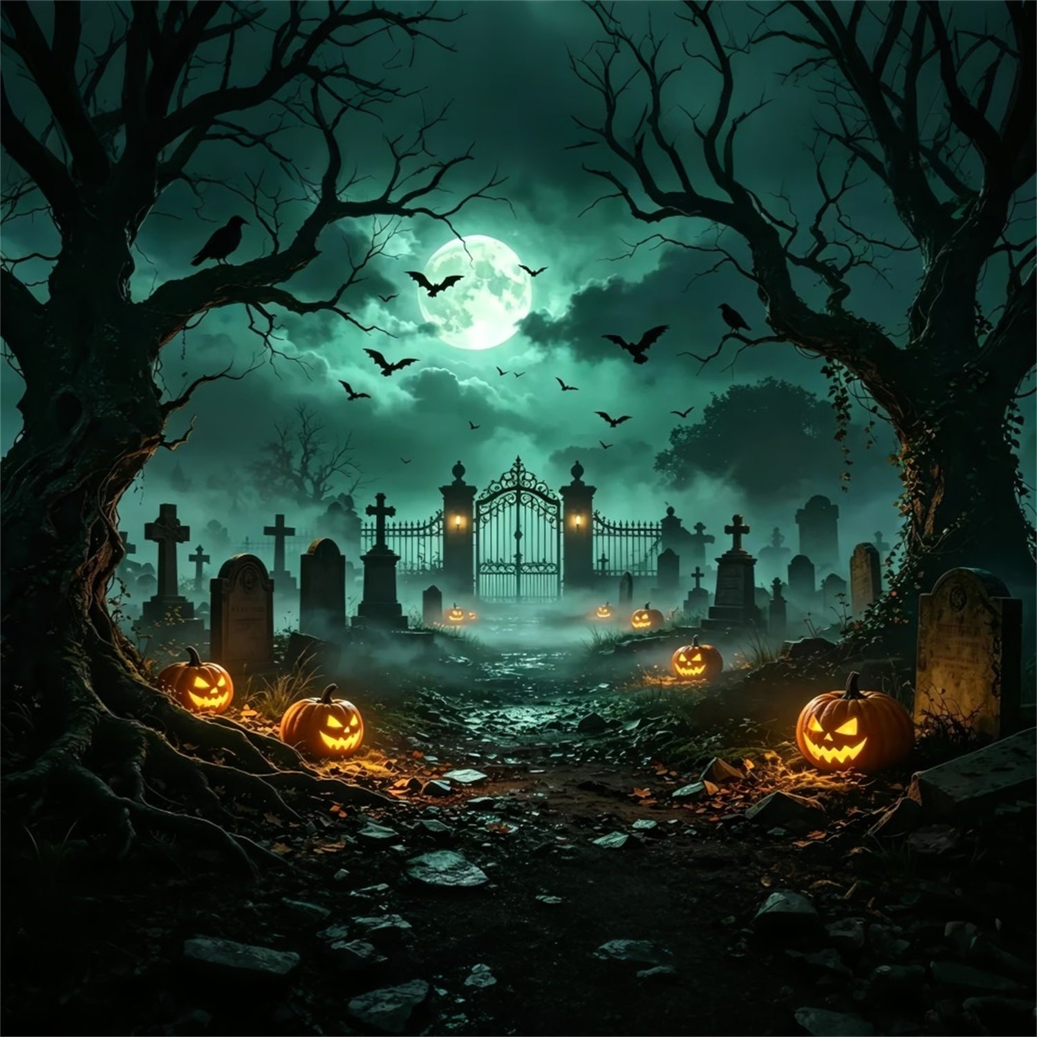 Dog Halloween Backdrop Moonlit Pumpkin Cemetery Gate Easter Tomb Backdrop UK ZTT67-67