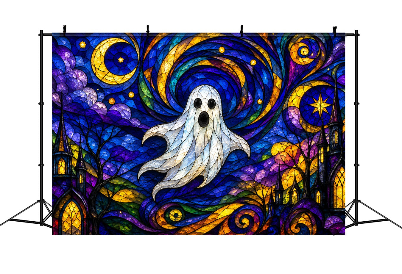 Ghost Stained Glass Backdrop Tapestry Moonlit Cute Ghost Photobooth Halloween Photo Booth Backdrop UK ZTT67-68