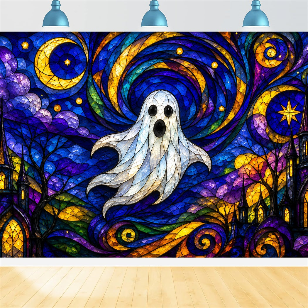 Ghost Stained Glass Backdrop Tapestry Moonlit Cute Ghost Photobooth Halloween Photo Booth Backdrop UK ZTT67-68