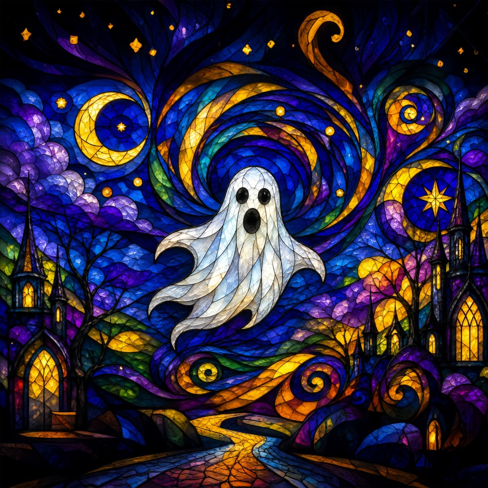 Ghost Stained Glass Backdrop Tapestry Moonlit Cute Ghost Photobooth Halloween Photo Booth Backdrop UK ZTT67-68