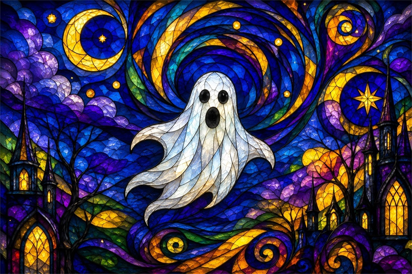 Ghost Stained Glass Backdrop Tapestry Moonlit Cute Ghost Photobooth Halloween Photo Booth Backdrop UK ZTT67-68