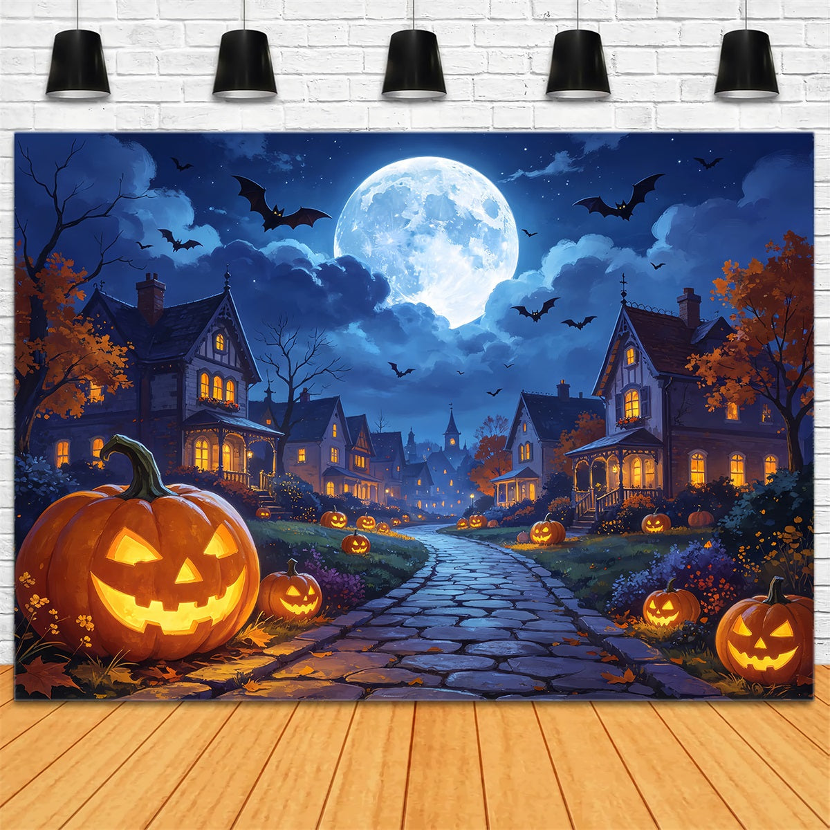 Photography Backdrops Halloween Moonlit Pumpkin Village Road Halloween Town Backdrop UK ZTT67-7
