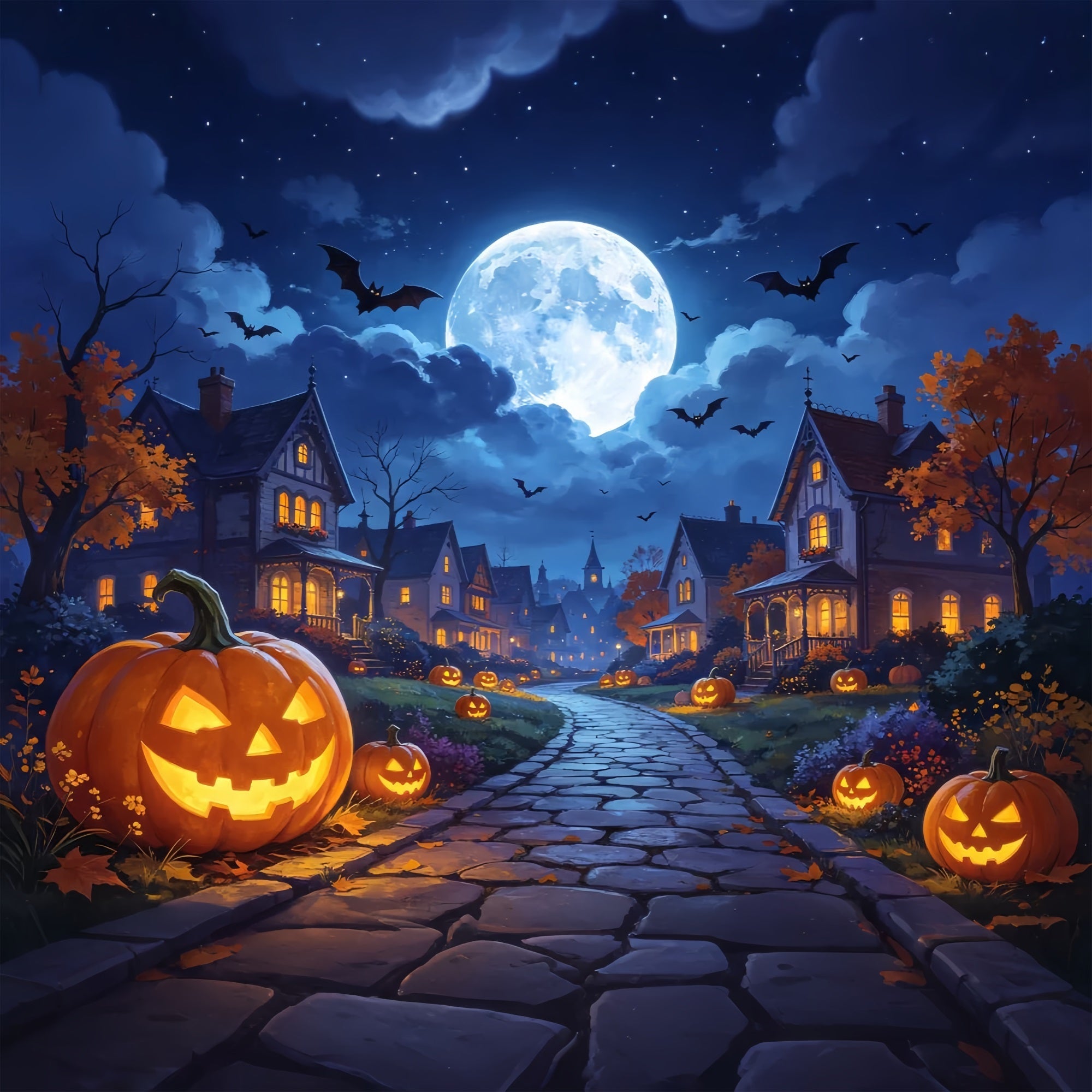 Photography Backdrops Halloween Moonlit Pumpkin Village Road Halloween Town Backdrop UK ZTT67-7