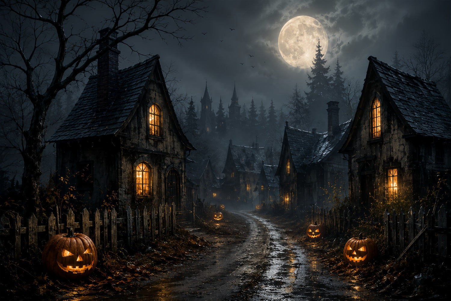 Backdrop Ghost Stained Glass Moonlit Pumpkin Village Road Lemax Spooky Town Backdrop UK ZTT67-70