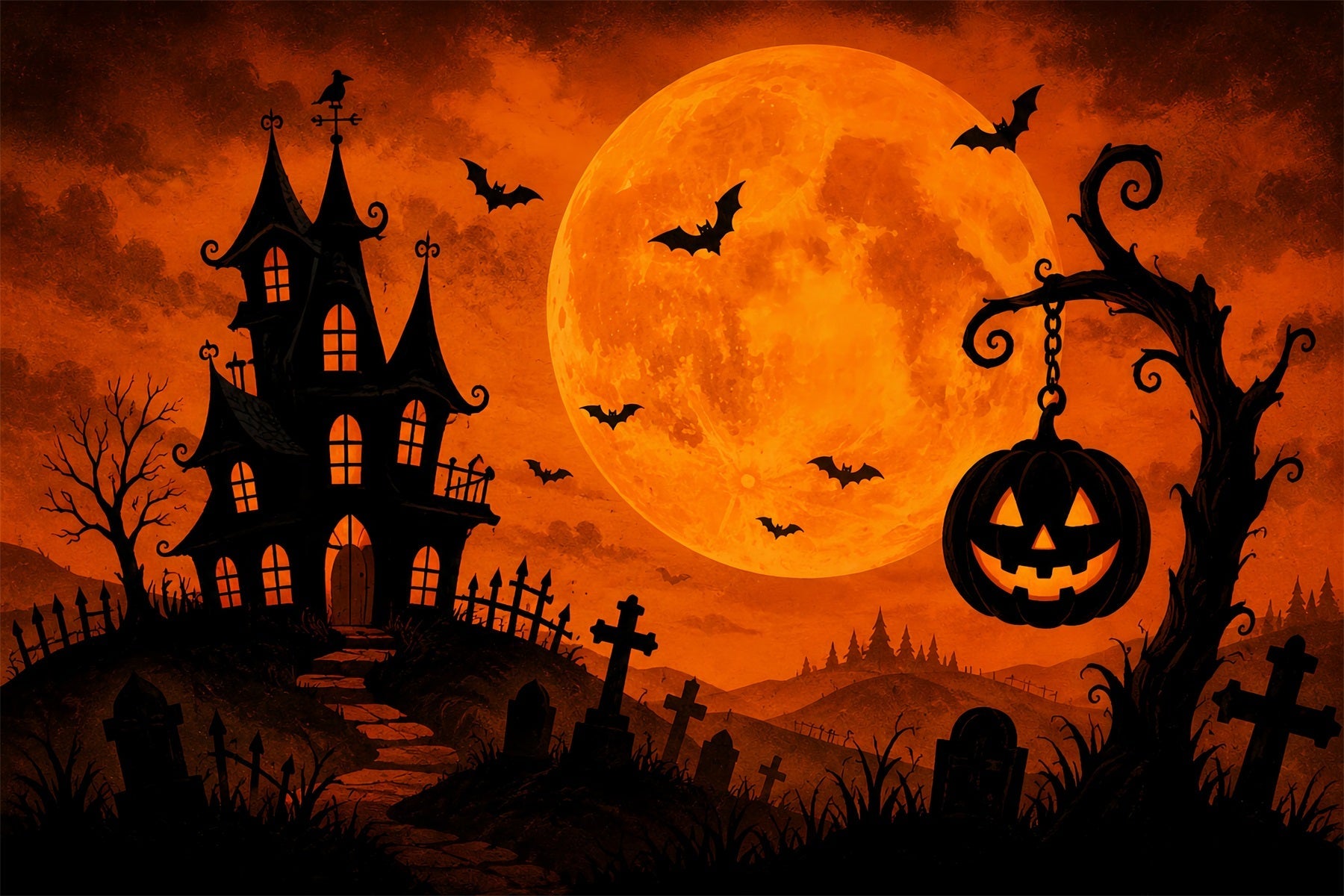 Halloween Backdrops For Pictures Orange Moon Haunted Mansion Halloween Circus Backdrop UK ZTT67-9