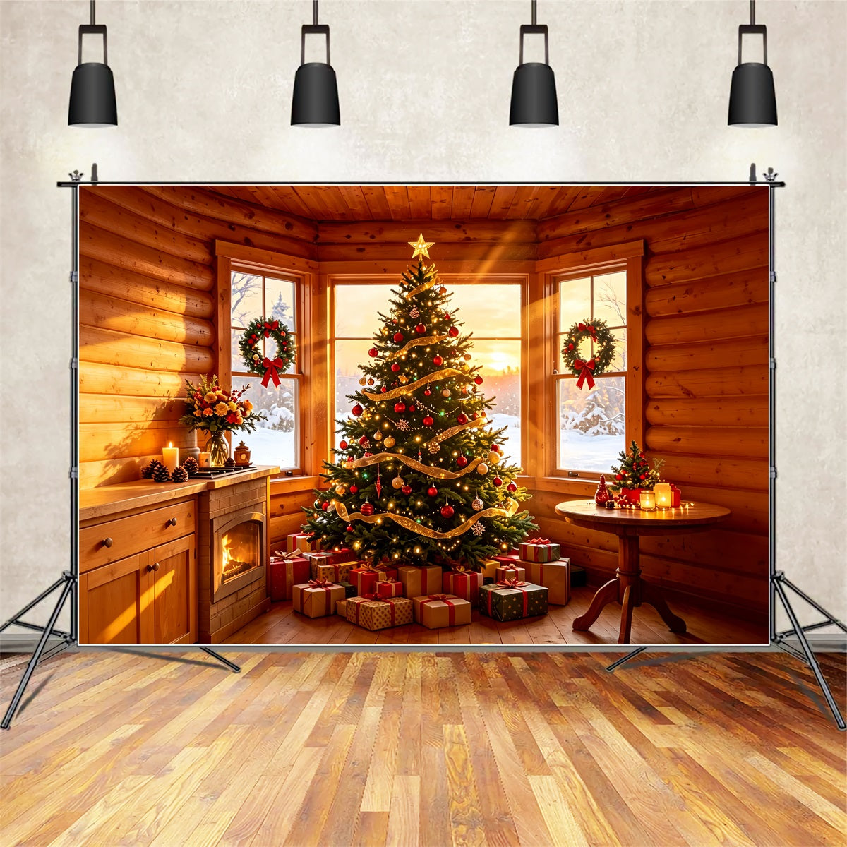Rustic Christmas Backdrop Cozy Cabin Tree Glow Studio Christmas BackdropsUK ZTT69-1