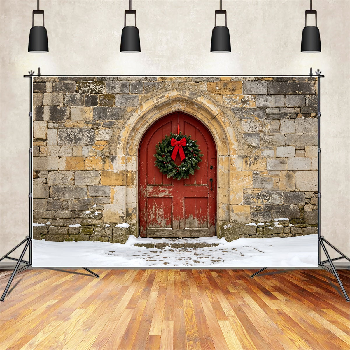 Church Christmas Backdrop Rustic Stone Arch Door Photographic Backdrops ChristmasUK ZTT69-10