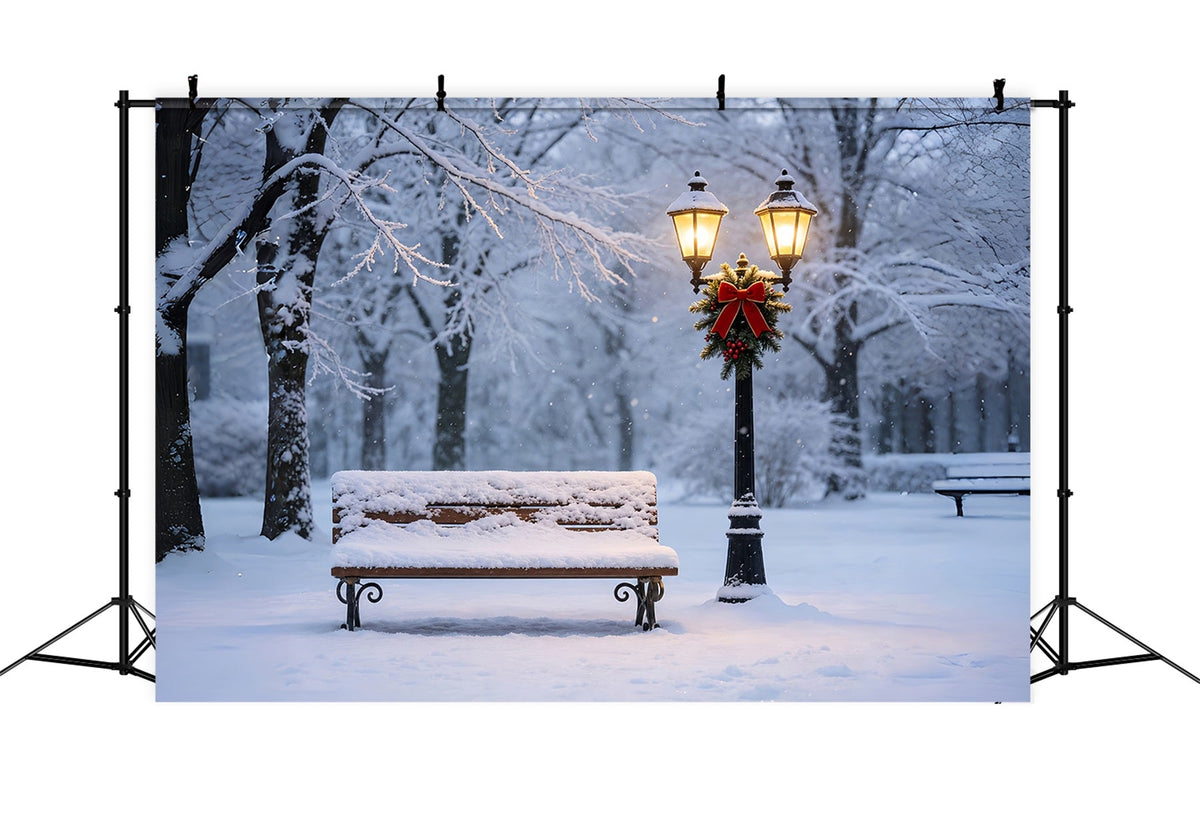 Christmas Snow Backdrop Snowy Bench Lantern Glow Christmas Muslin BackdropsUK ZTT69-11