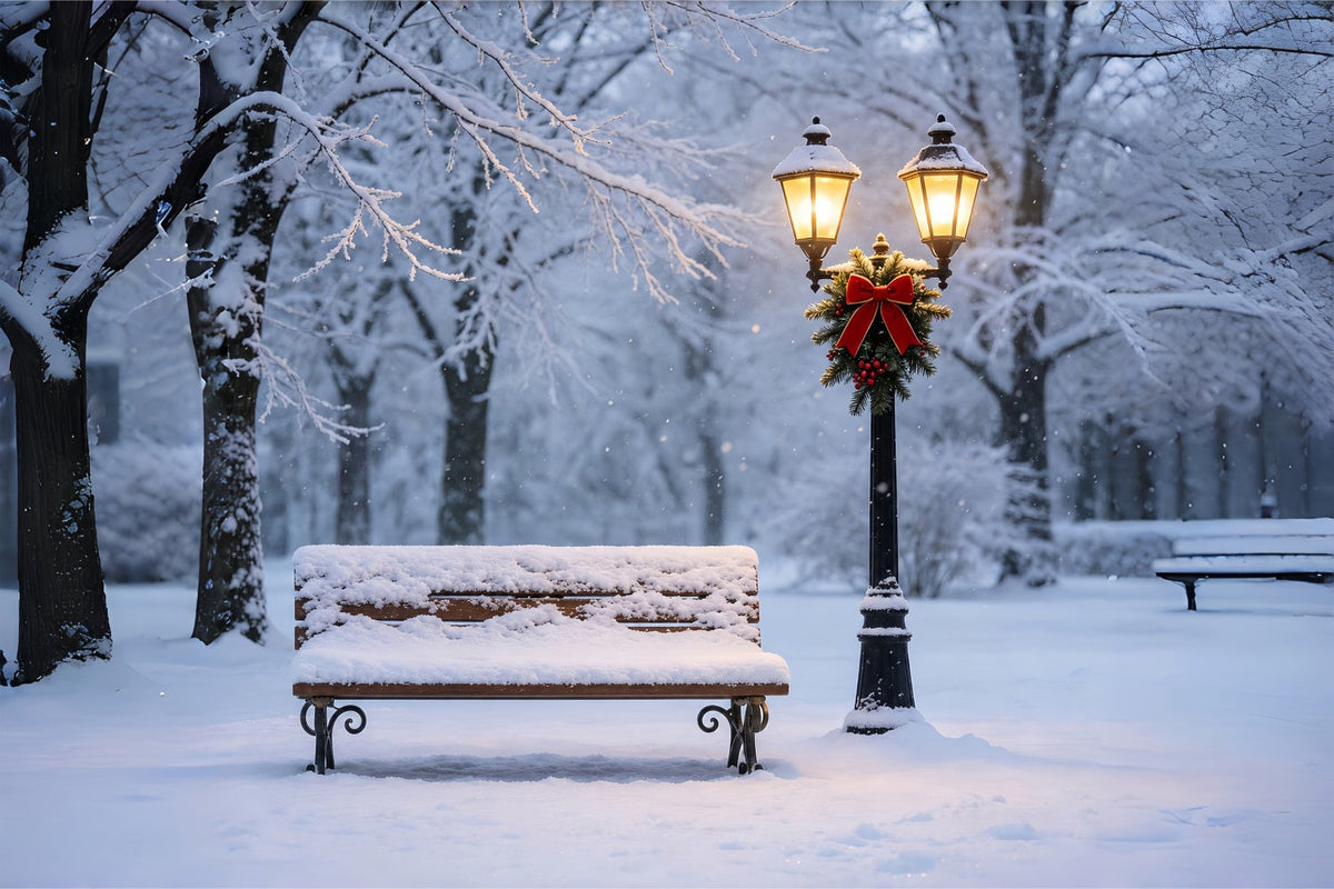 Christmas Snow Backdrop Snowy Bench Lantern Glow Christmas Muslin BackdropsUK ZTT69-11