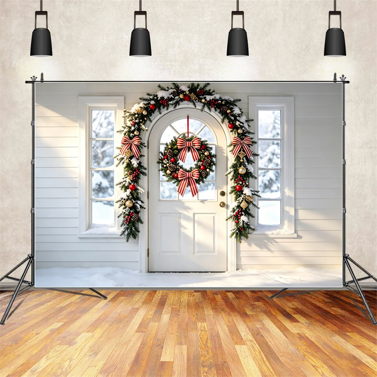 White Christmas Backdrop Arch Wreath Garland Doorway Christmas BackdropsUK ZTT69-13