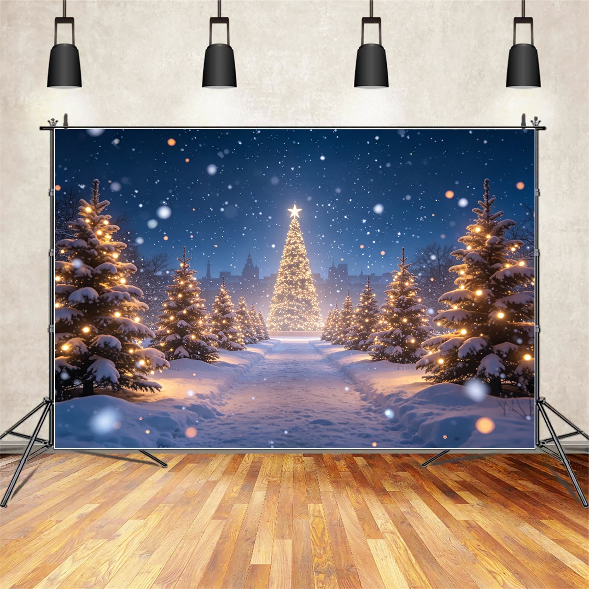 Christmas Tree Backdrop Snowy Forest Light Path Christmas Photo BackdropsUK ZTT69-15