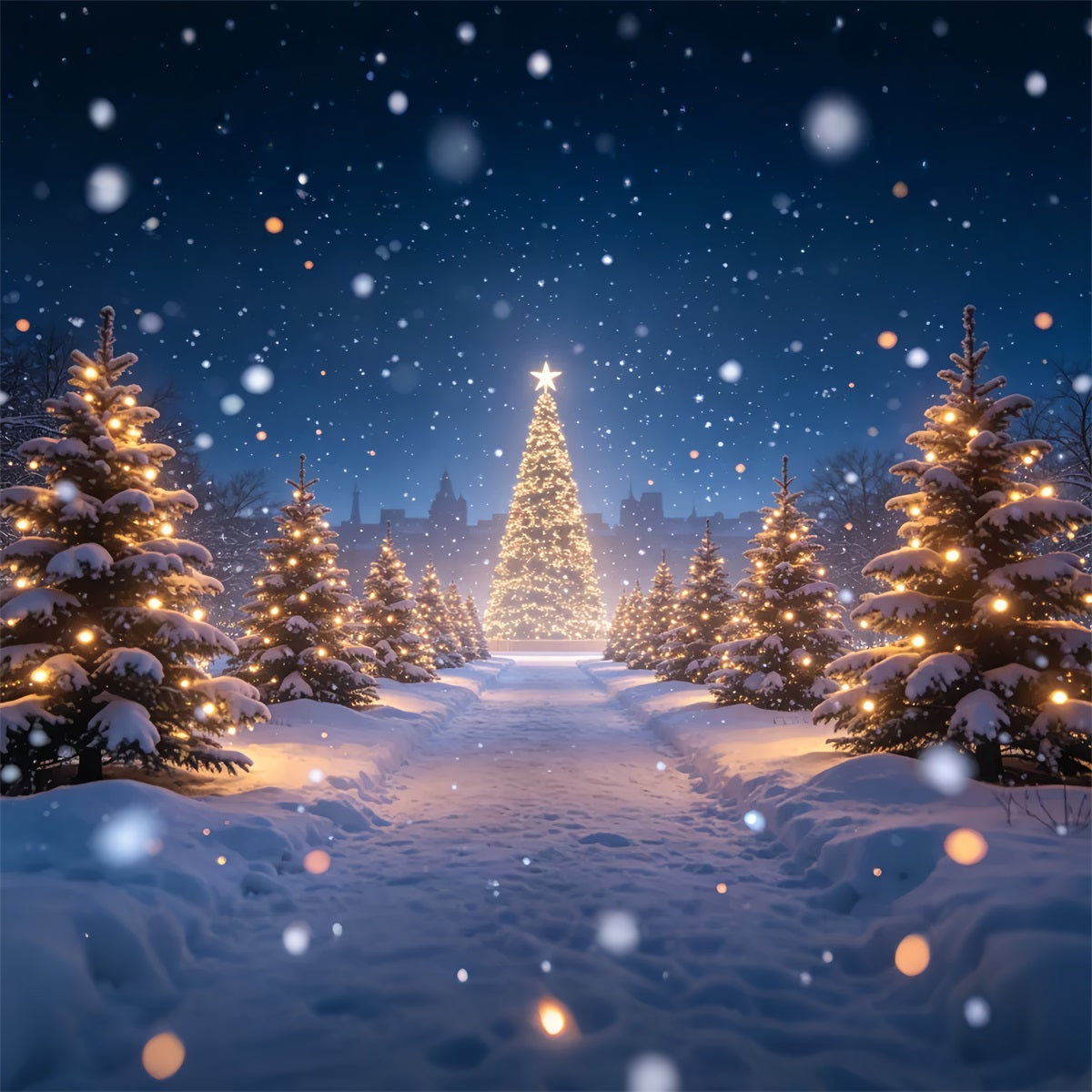 Christmas Tree Backdrop Snowy Forest Light Path Christmas Photo BackdropsUK ZTT69-15