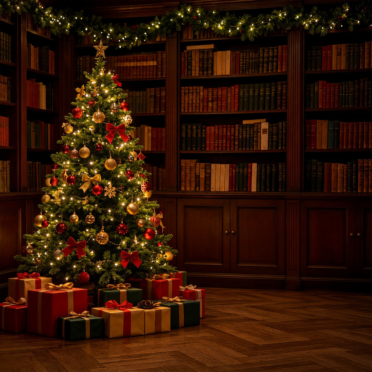 Indoor Christmas Backdrop Dark Library Tree Corner Professional Christmas BackdropsUK ZTT69-18