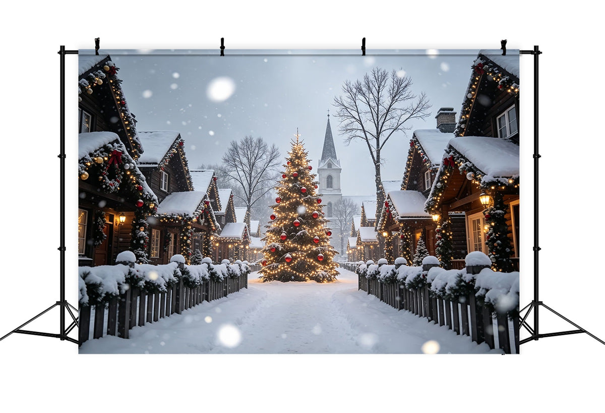 Christmas Village Backdrop Snowy House Tree Street Christmas Photography BackdropsUK ZTT69-19