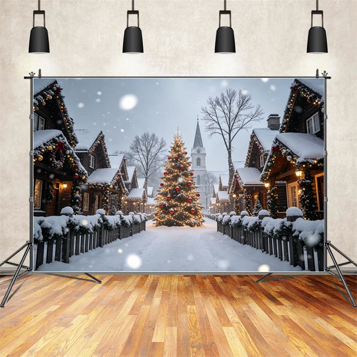 Christmas Village Backdrop Snowy House Tree Street Christmas Photography BackdropsUK ZTT69-19