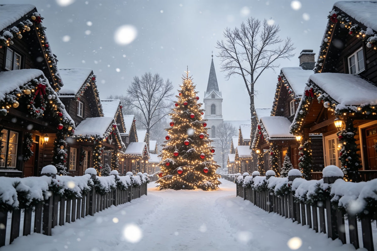 Christmas Village Backdrop Snowy House Tree Street Christmas Photography BackdropsUK ZTT69-19