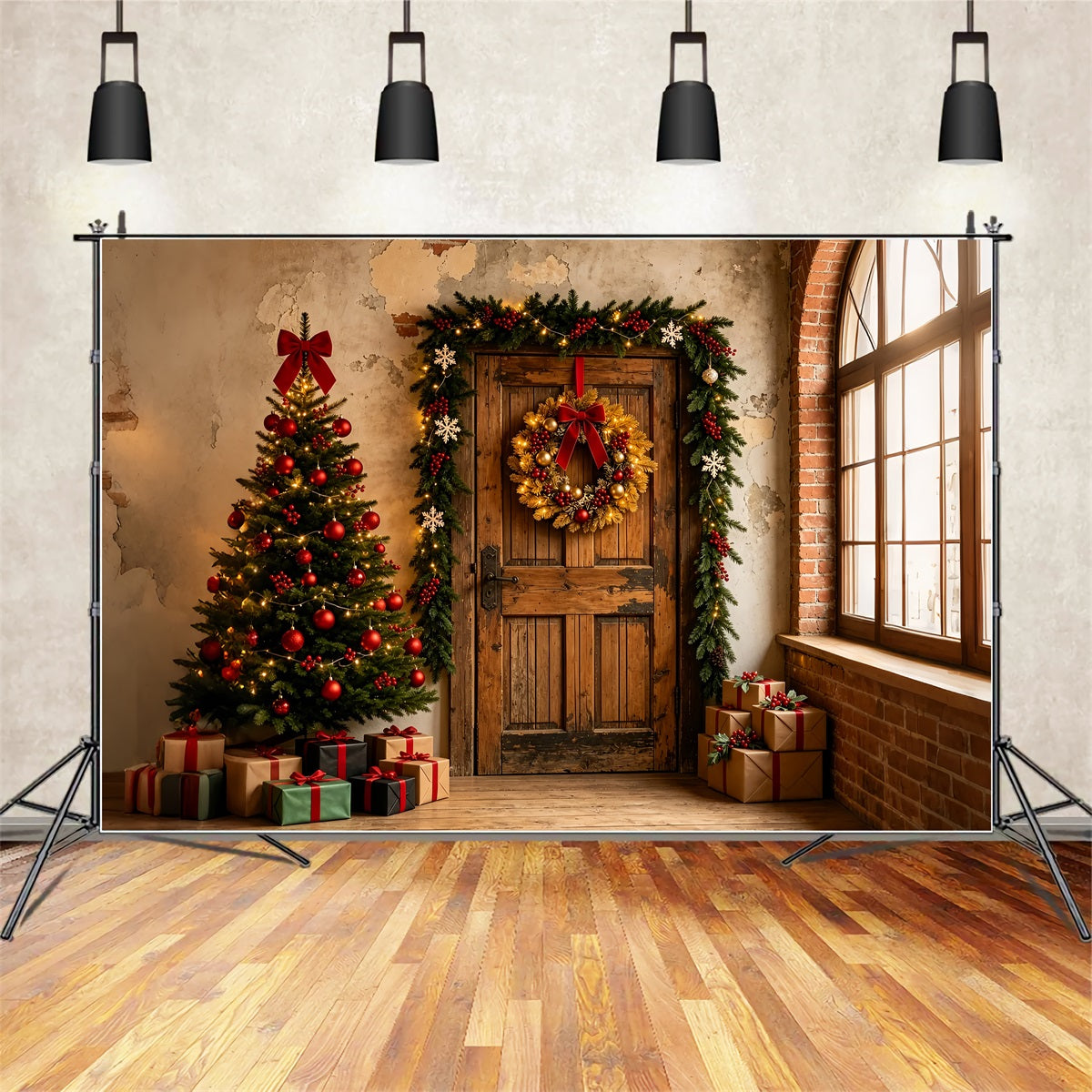 Christmas Backdrop Rustic Door Wreath Entry Wall Christmas BackdropUK ZTT69-2