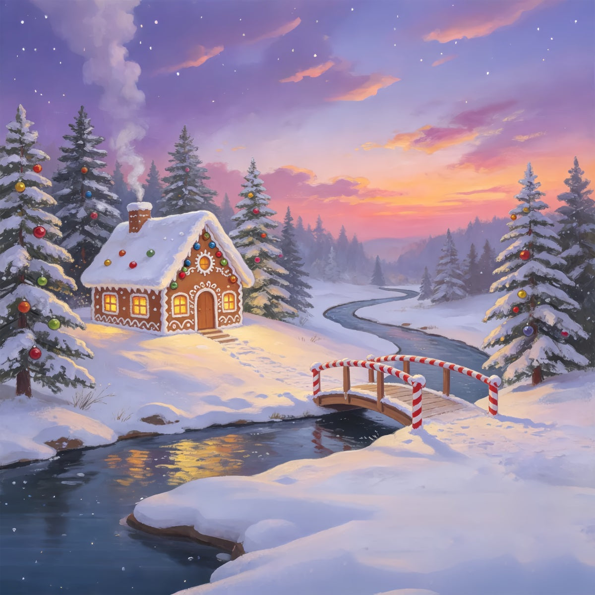 Christmas Forest Backdrop Gingerbread Bridge River Large Christmas BackdropsUK ZTT69-21