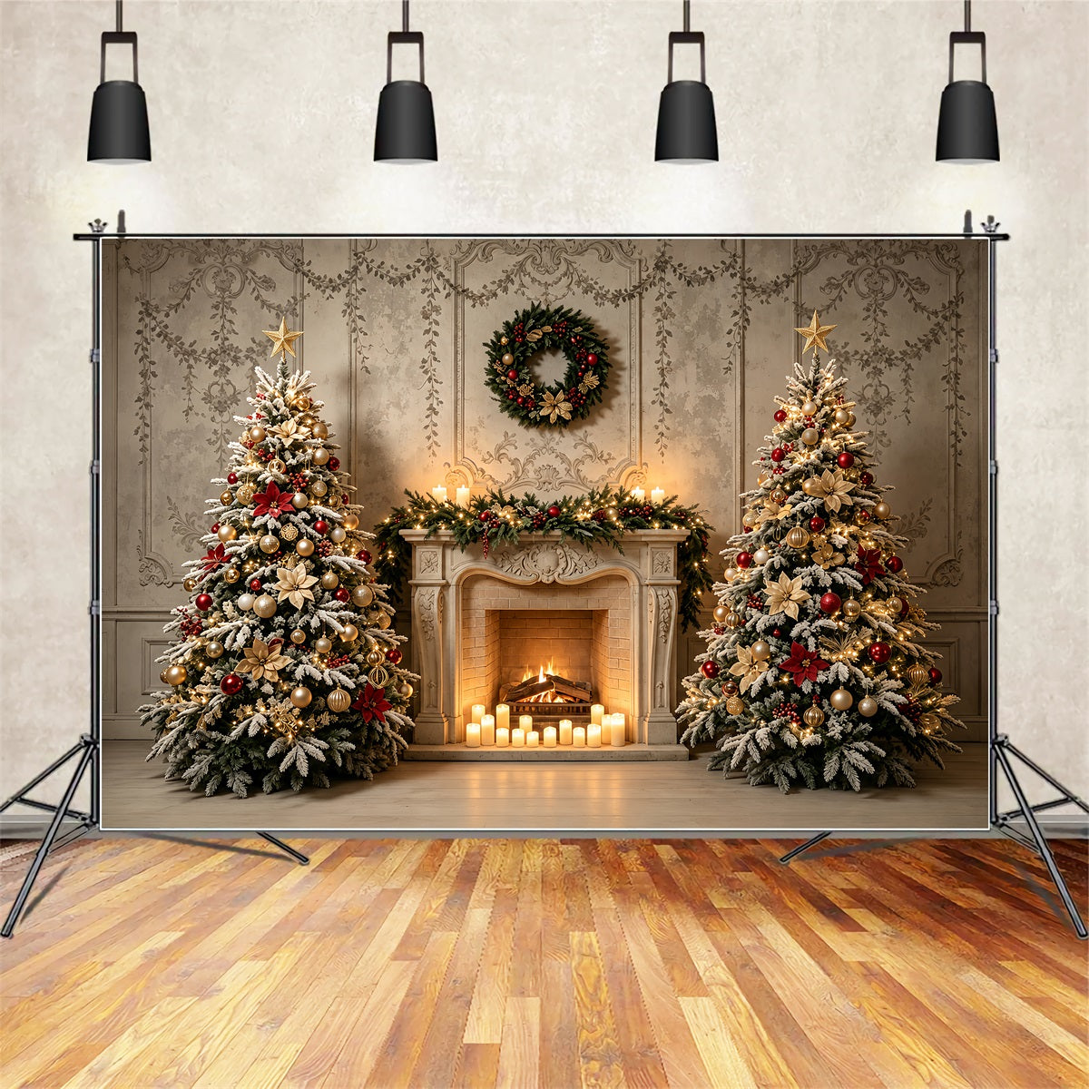 Christmas Living Room Backdrop Elegant Fireplace Tree Display Large Christmas BackdropUK ZTT69-24