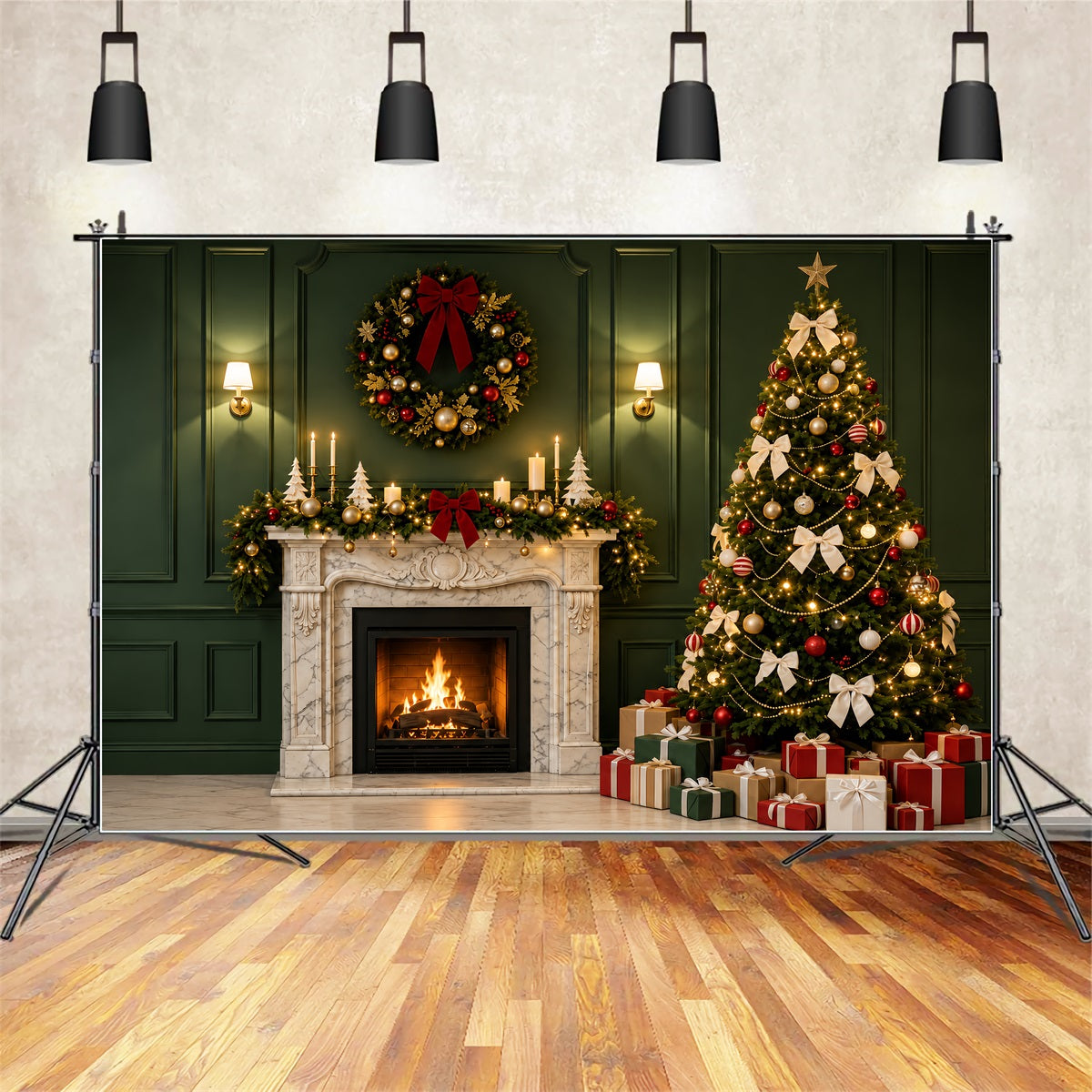 Green Christmas Backdrop Green Fireplace Tree Decor Photo Backdrops ChristmasUK ZTT69-28