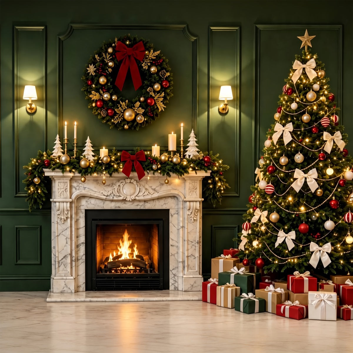 Green Christmas Backdrop Green Fireplace Tree Decor Photo Backdrops ChristmasUK ZTT69-28