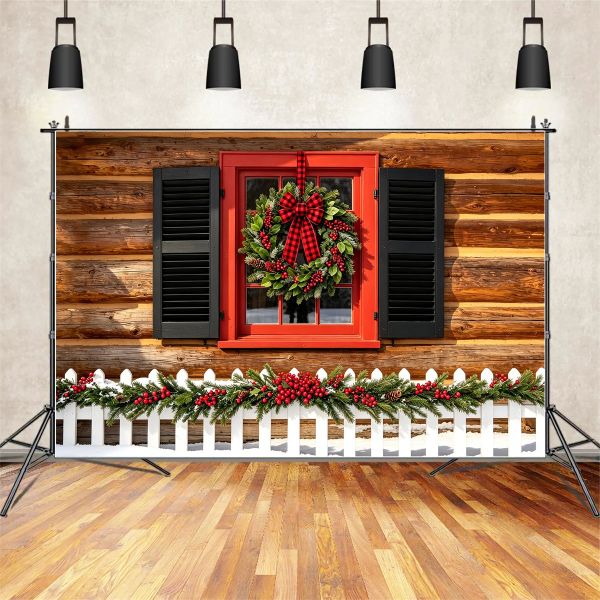 Country Christmas Backdrop Rustic Cabin Wreath Window Christmas Wall BackdropsUK ZTT69-29