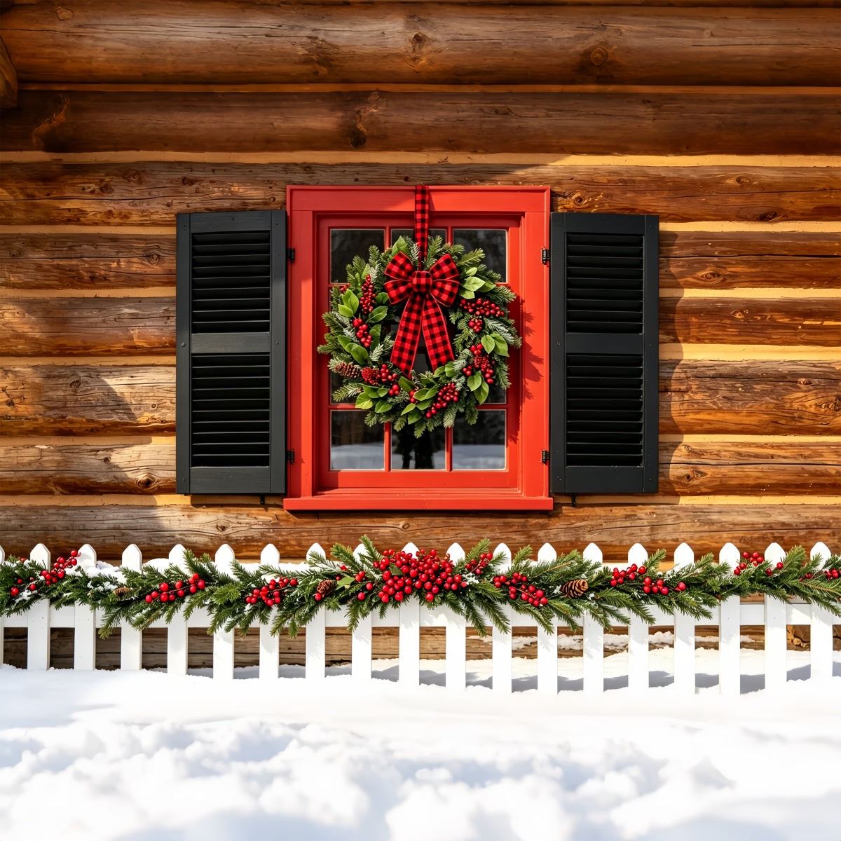 Country Christmas Backdrop Rustic Cabin Wreath Window Christmas Wall BackdropsUK ZTT69-29
