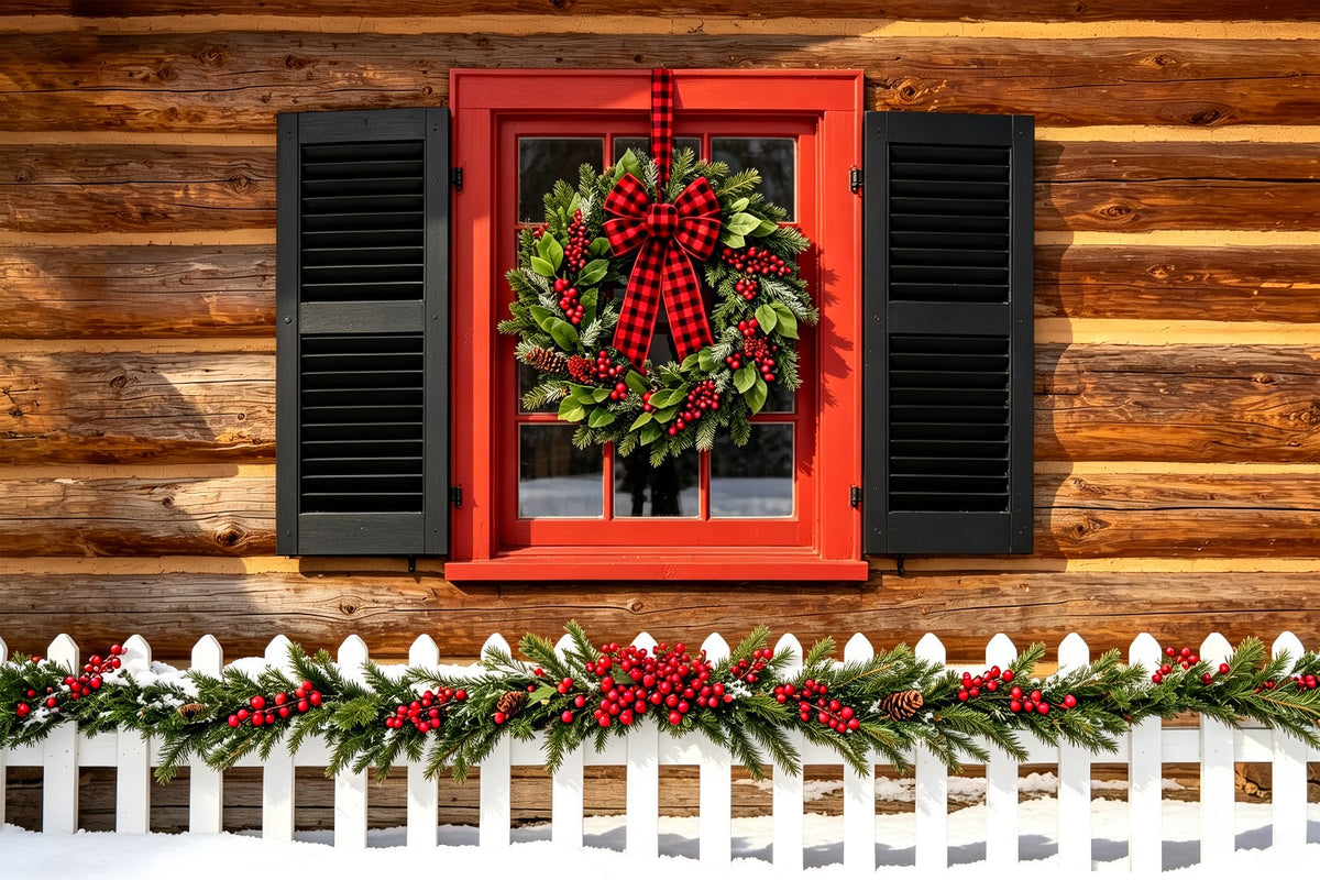 Country Christmas Backdrop Rustic Cabin Wreath Window Christmas Wall BackdropsUK ZTT69-29