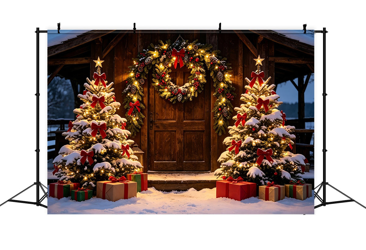 Christmas Barn Door Backdrop Rustic Snowy Cabin Entrance Photography Backdrop ChristmasUK ZTT69-31