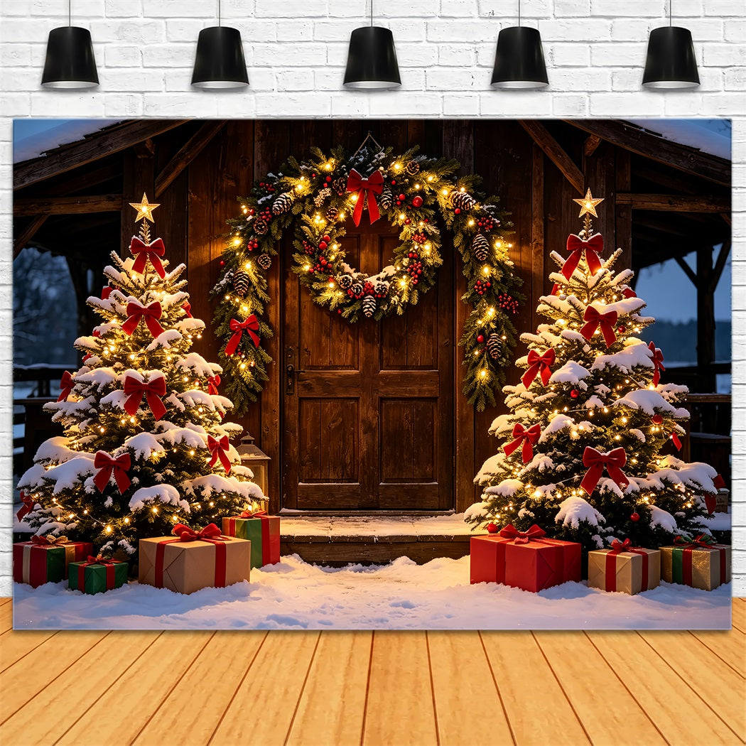Christmas Barn Door Backdrop Rustic Snowy Cabin Entrance Photography Backdrop ChristmasUK ZTT69-31