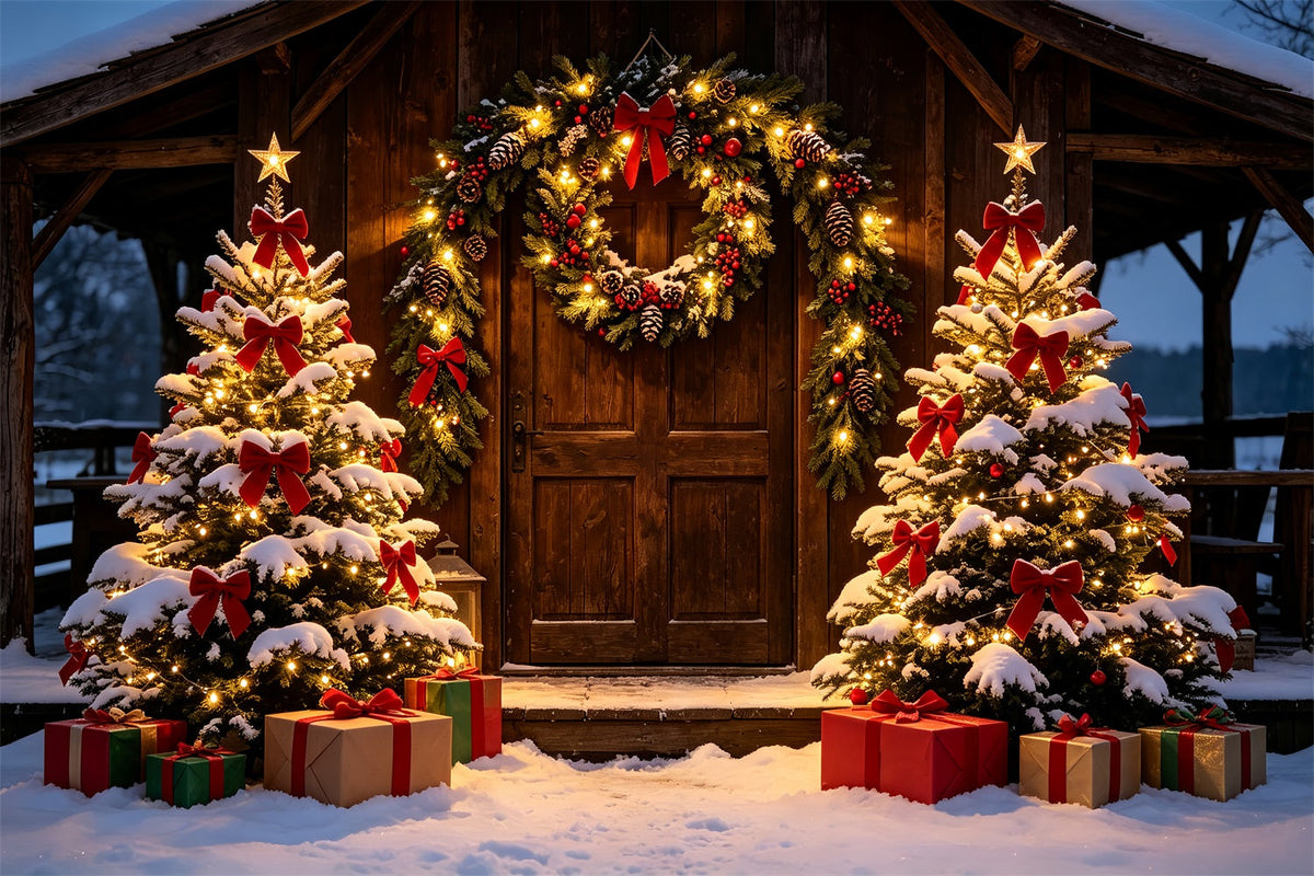 Christmas Barn Door Backdrop Rustic Snowy Cabin Entrance Photography Backdrop ChristmasUK ZTT69-31