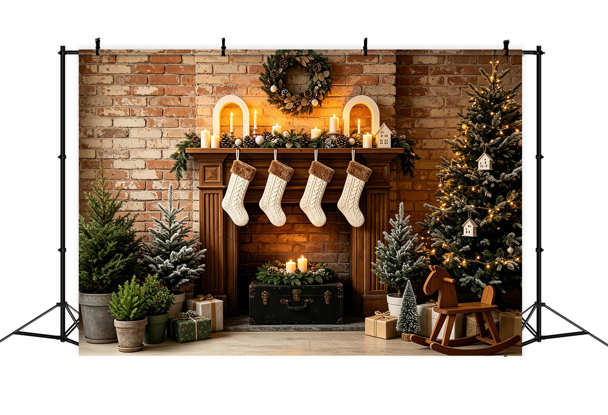 Rustic Christmas Backdrop Brick Fireplace Stockings Decor Indoor Christmas BackdropUK ZTT69-32