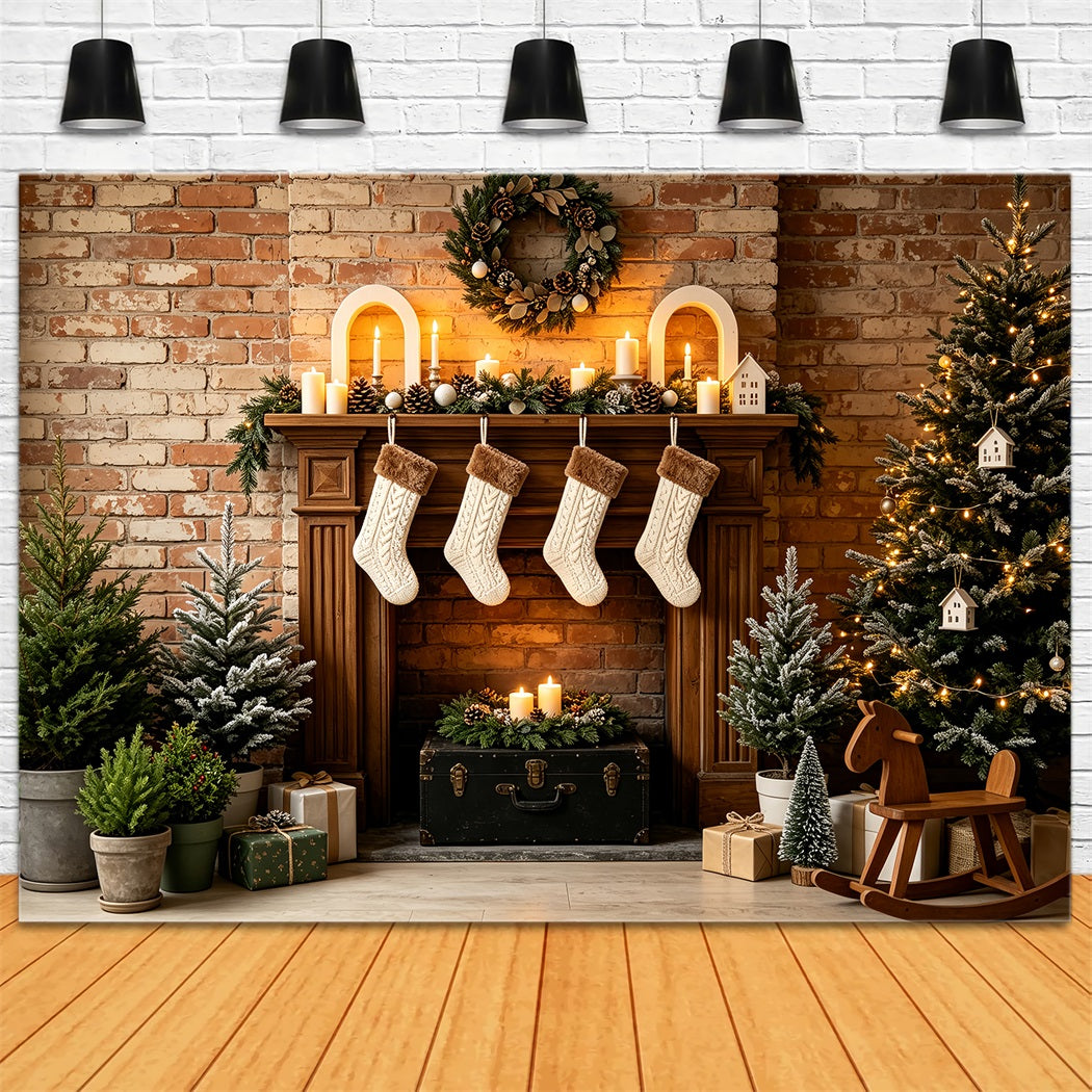 Rustic Christmas Backdrop Brick Fireplace Stockings Decor Indoor Christmas BackdropUK ZTT69-32