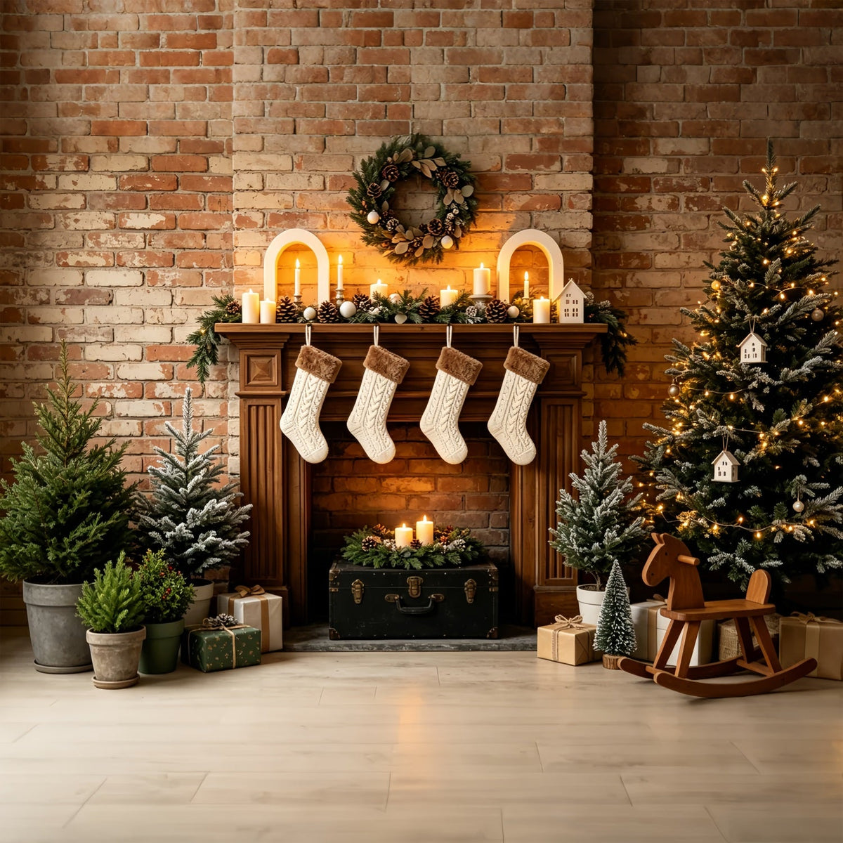 Rustic Christmas Backdrop Brick Fireplace Stockings Decor Indoor Christmas BackdropUK ZTT69-32