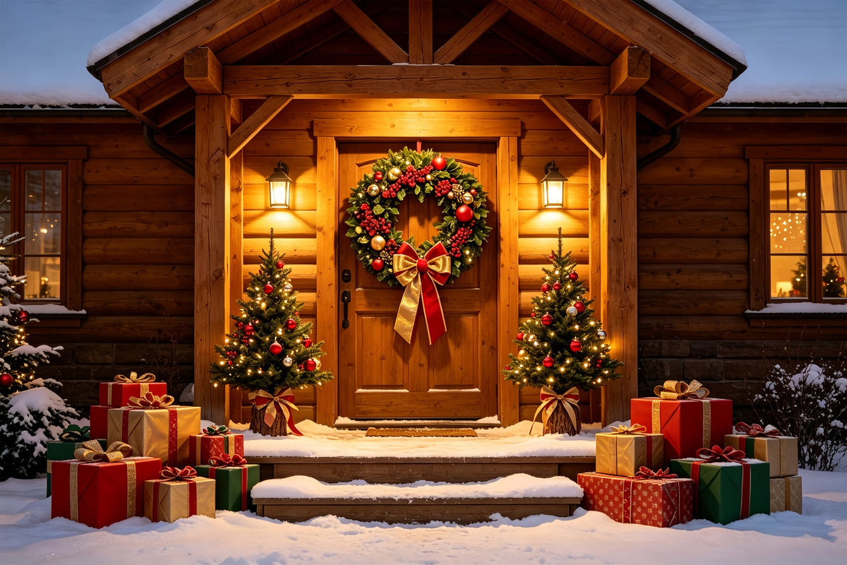 Country Christmas Backdrop Woodland Cabin Door Wreath Studio Backdrops ChristmasUK ZTT69-33