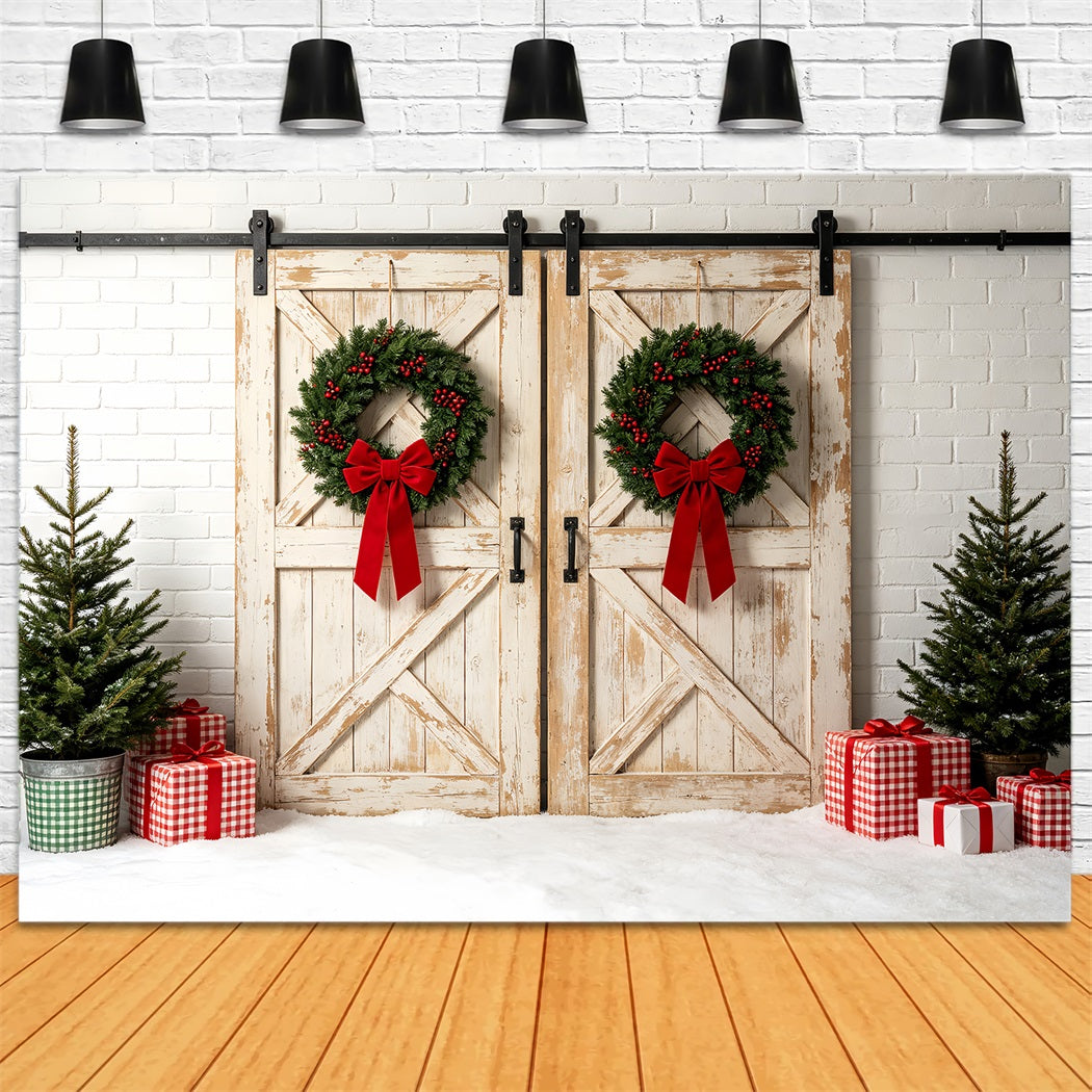 Christmas Wall Backdrop White Barn Door Wreath Studio Christmas BackdropUK ZTT69-37