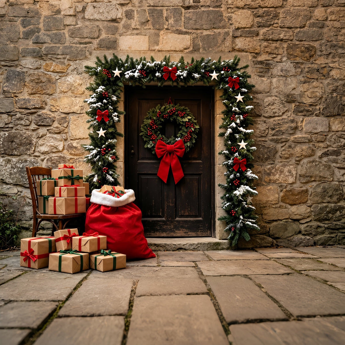 Country Christmas Backdrop Stone Door Garland Entrance Muslin Christmas BackdropUK ZTT69-45