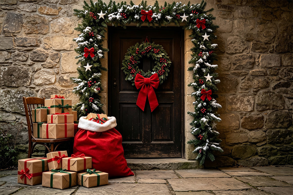 Country Christmas Backdrop Stone Door Garland Entrance Muslin Christmas BackdropUK ZTT69-45