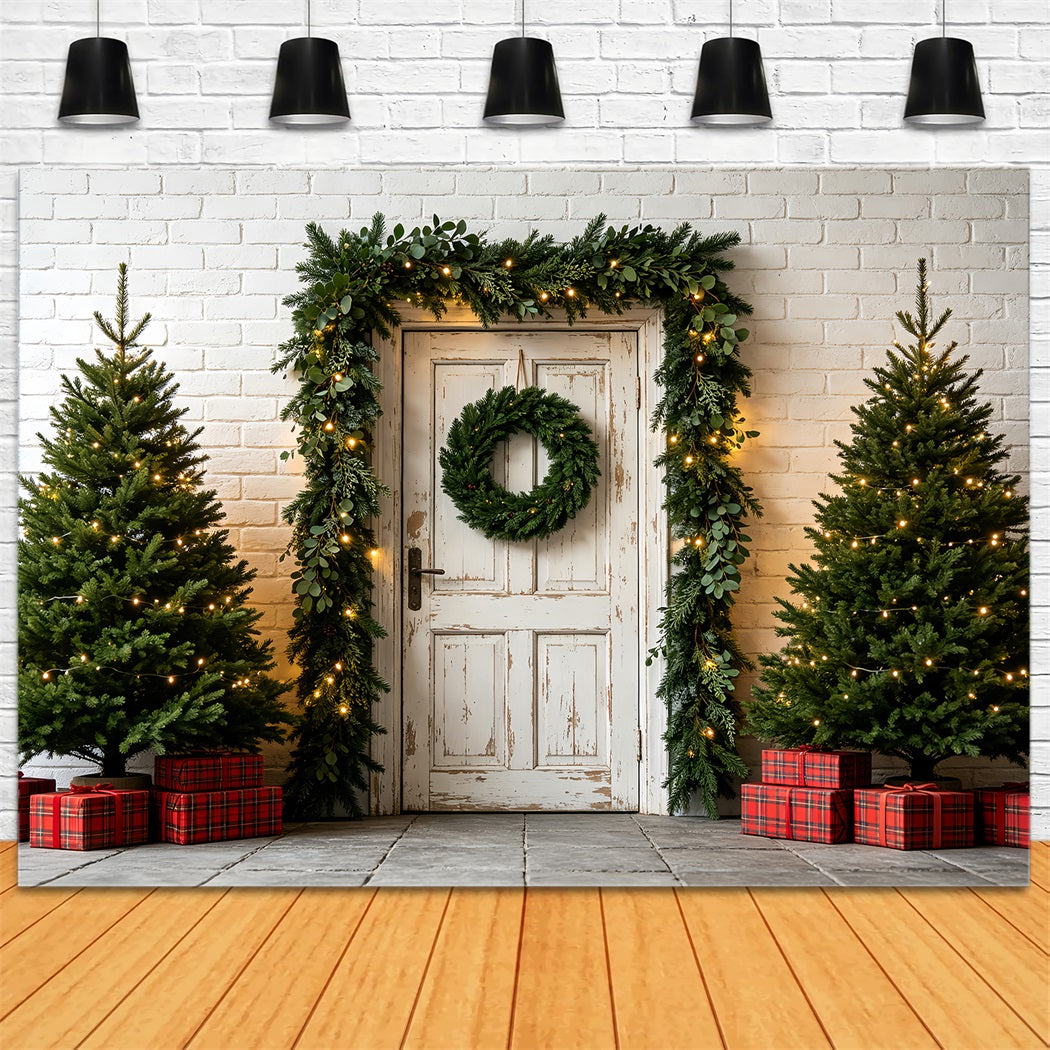 Christmas Greenery Backdrop White Door Garland Entrance Photographic Backdrops ChristmasUK ZTT69-47