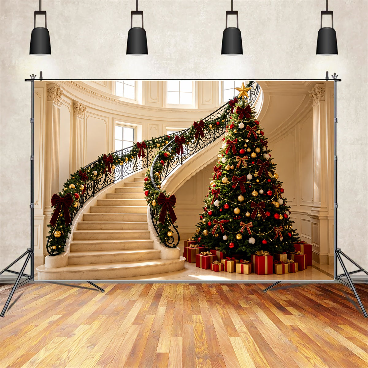 Victorian Christmas Backdrops Elegant Staircase Garland Decor Indoor Christmas BackdropsUK ZTT69-5