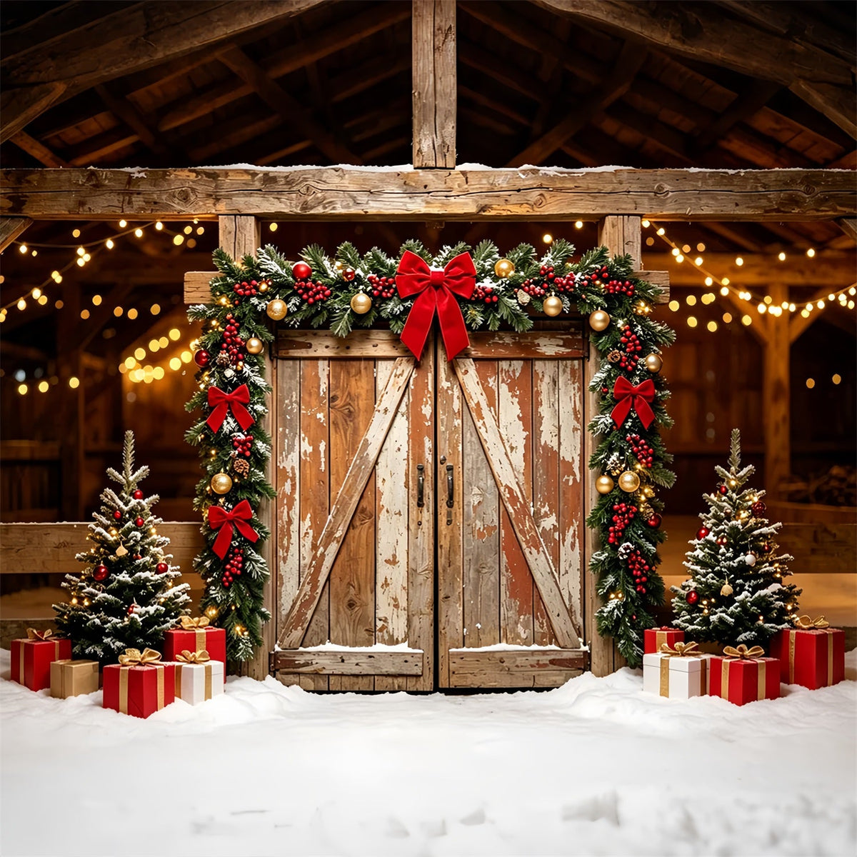 Christmas Barn Door Backdrop Rustic Barn Garland Doorway Christmas BackdropsUK ZTT69-50