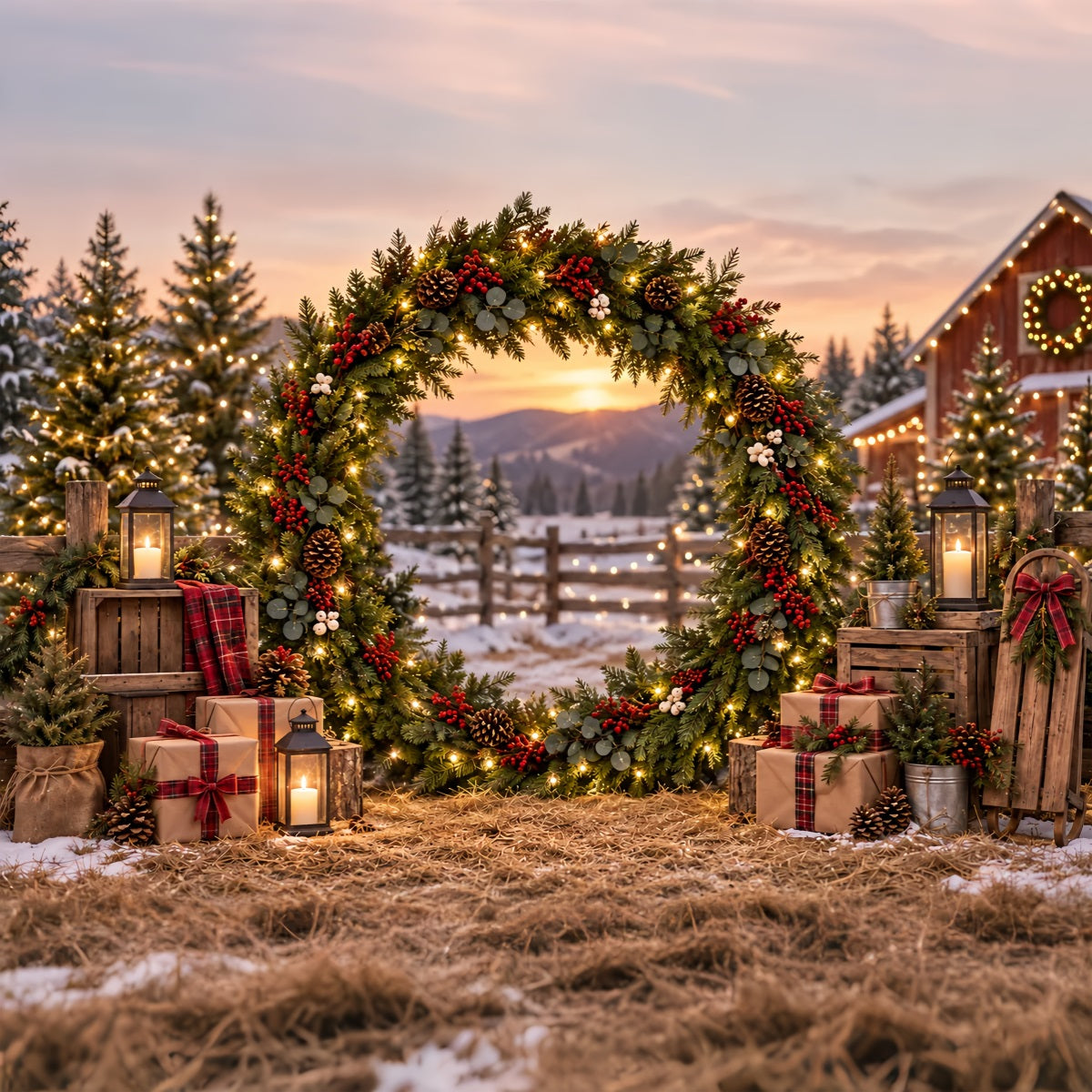 Christmas Tree Farm Photo Backdrop Evergreen Wreath Farm Gateway Christmas Tree Backdrop UK ZTT69-52