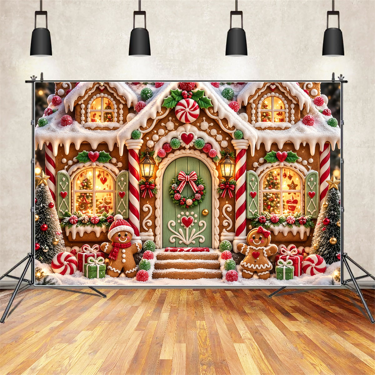 Gingerbread House Backdrop Snowy Cartoon Candy Cottage Gingerbread Backdrop UK ZTT69-56