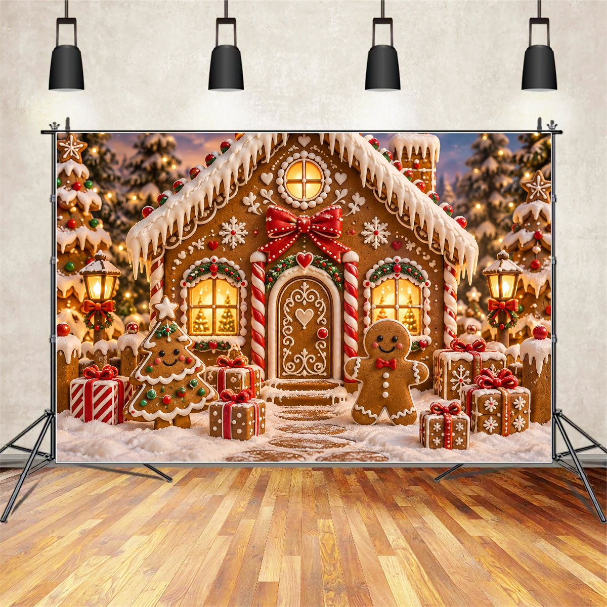 Gingerbread House Backdrop Candy Cottage Snowy Trees Candy Cane Backdrop UK ZTT69-57