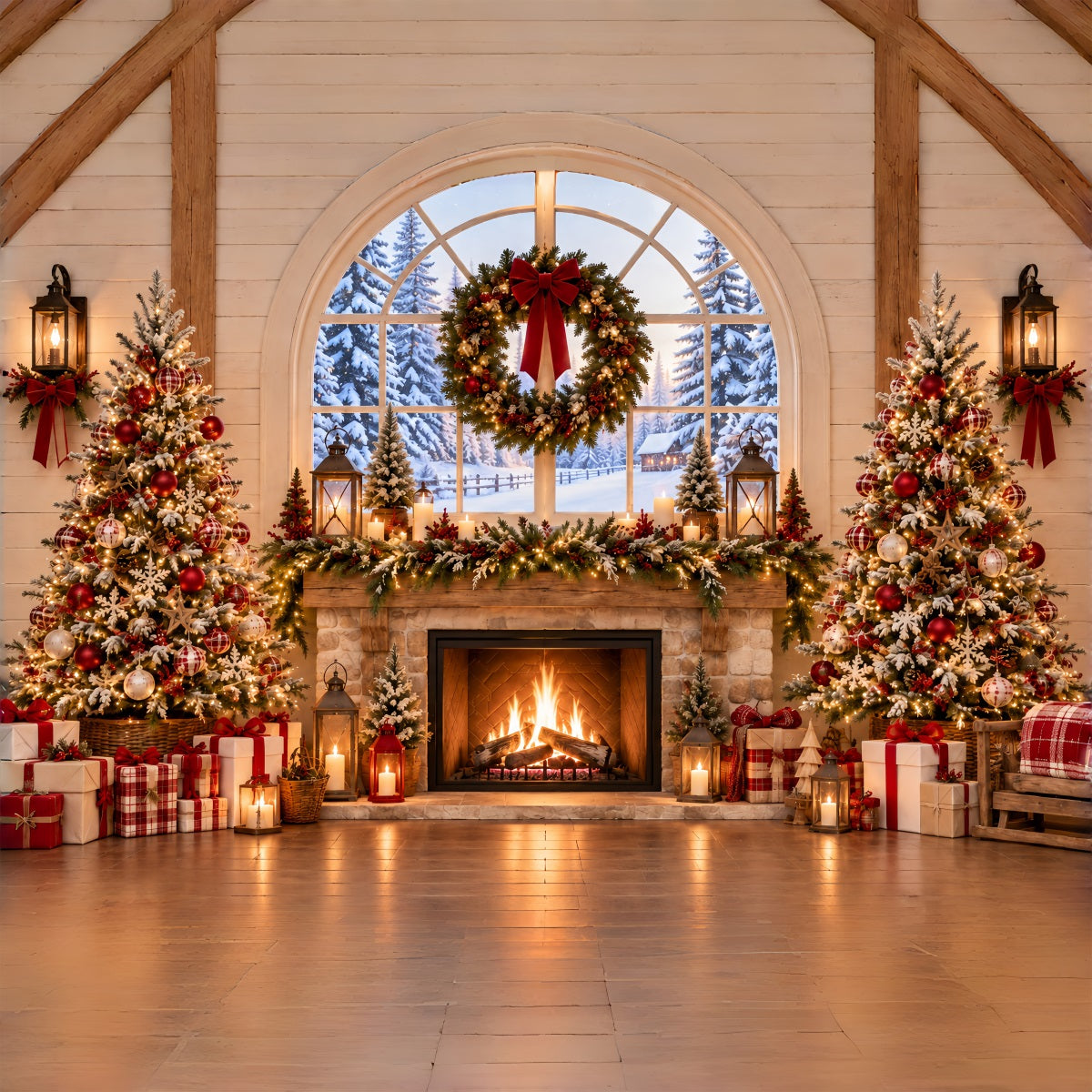 Christmas Backdrops 10x10 Rustic Fireplace Wreath Interior Santa Workshop Backdrop UK ZTT69-60