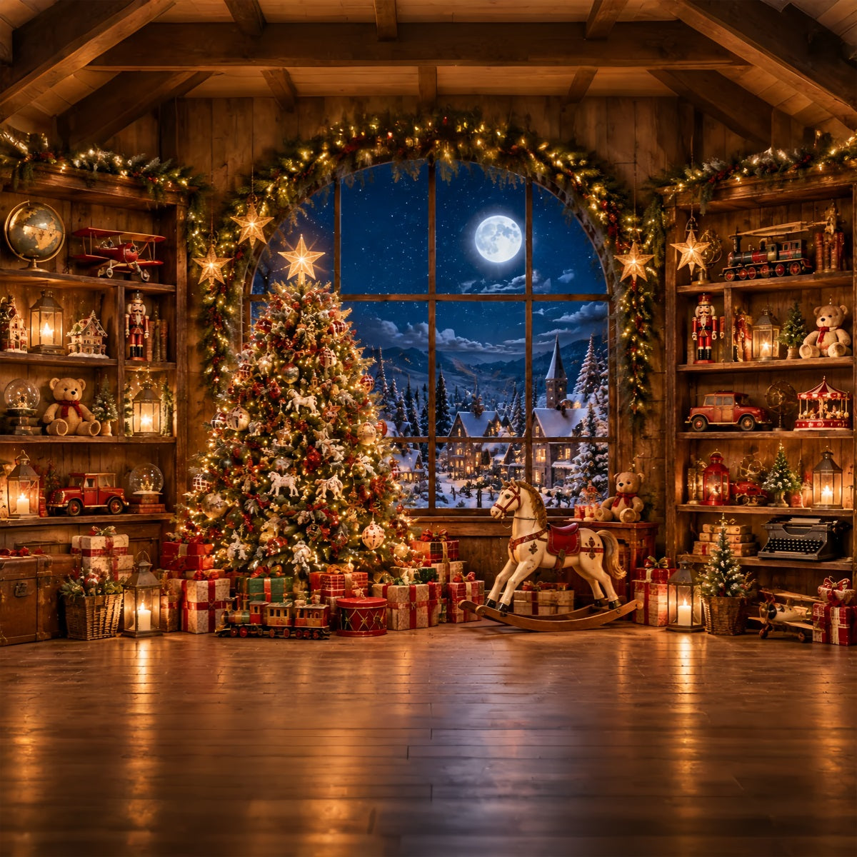 Santas Workshop Backdrop Moonlit Toy Workshop Interior North Pole Backdrop UK ZTT69-61
